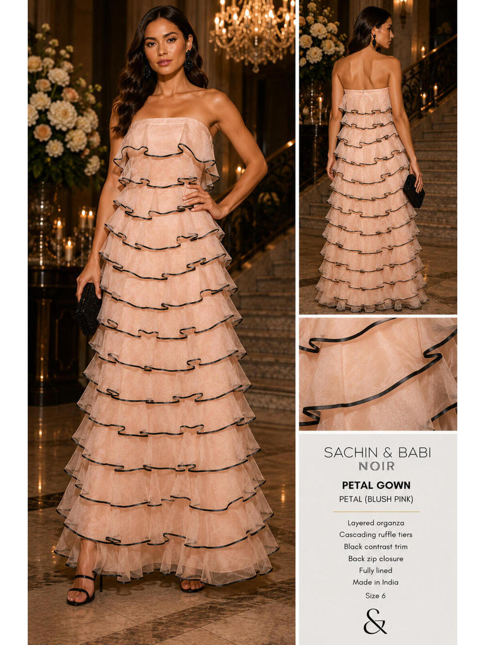 Sachin & Babi Noir Petal Organza Ruffle Gown Blush Pink Black Trim Size 6 NWT